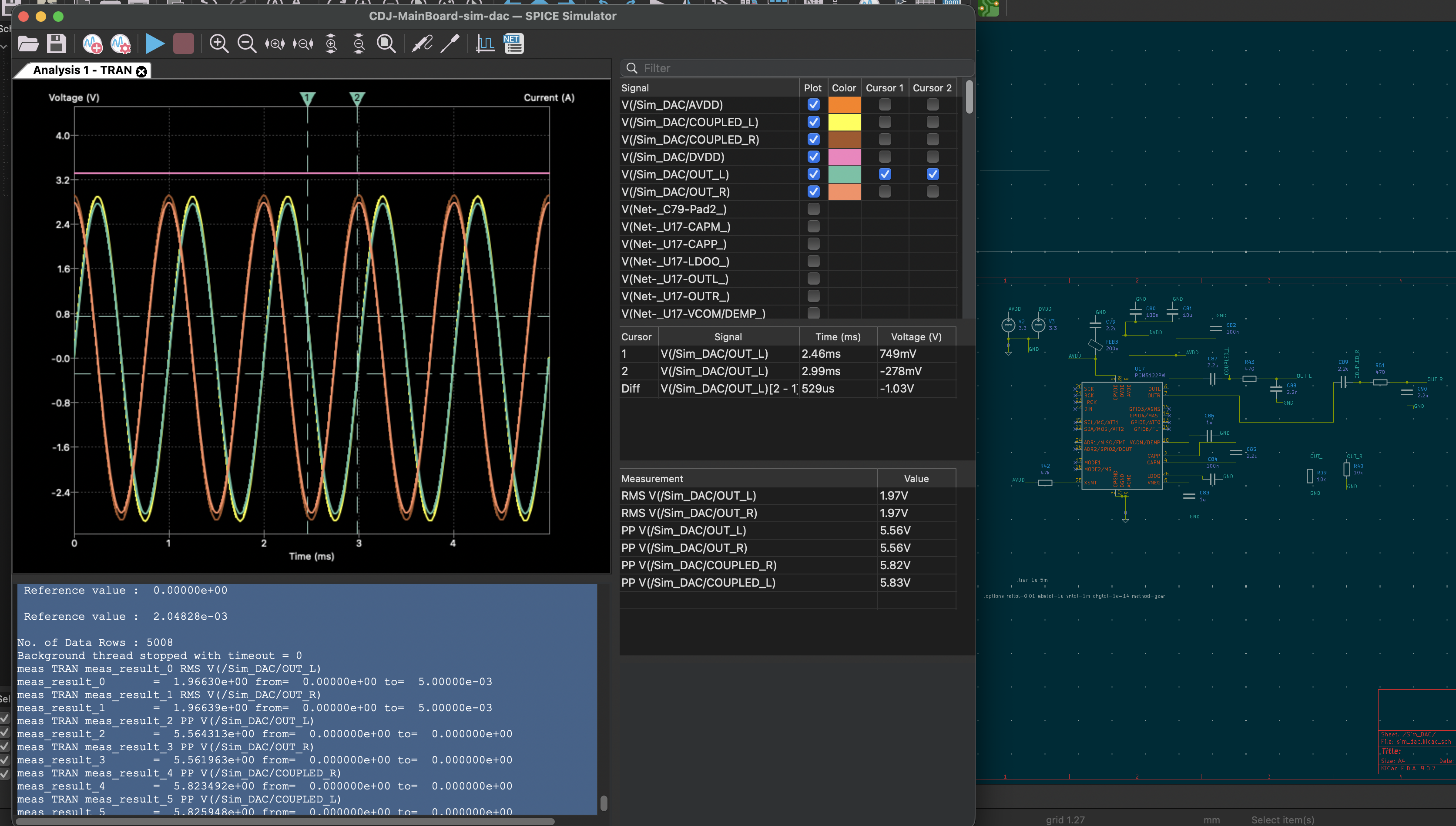 DAC SPICE simulation — stereo output waveforms and supply rail