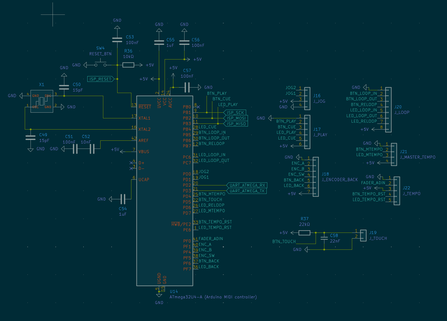 MIDI Arduino schematic — ATmega32U4, crystal, and JST connectors