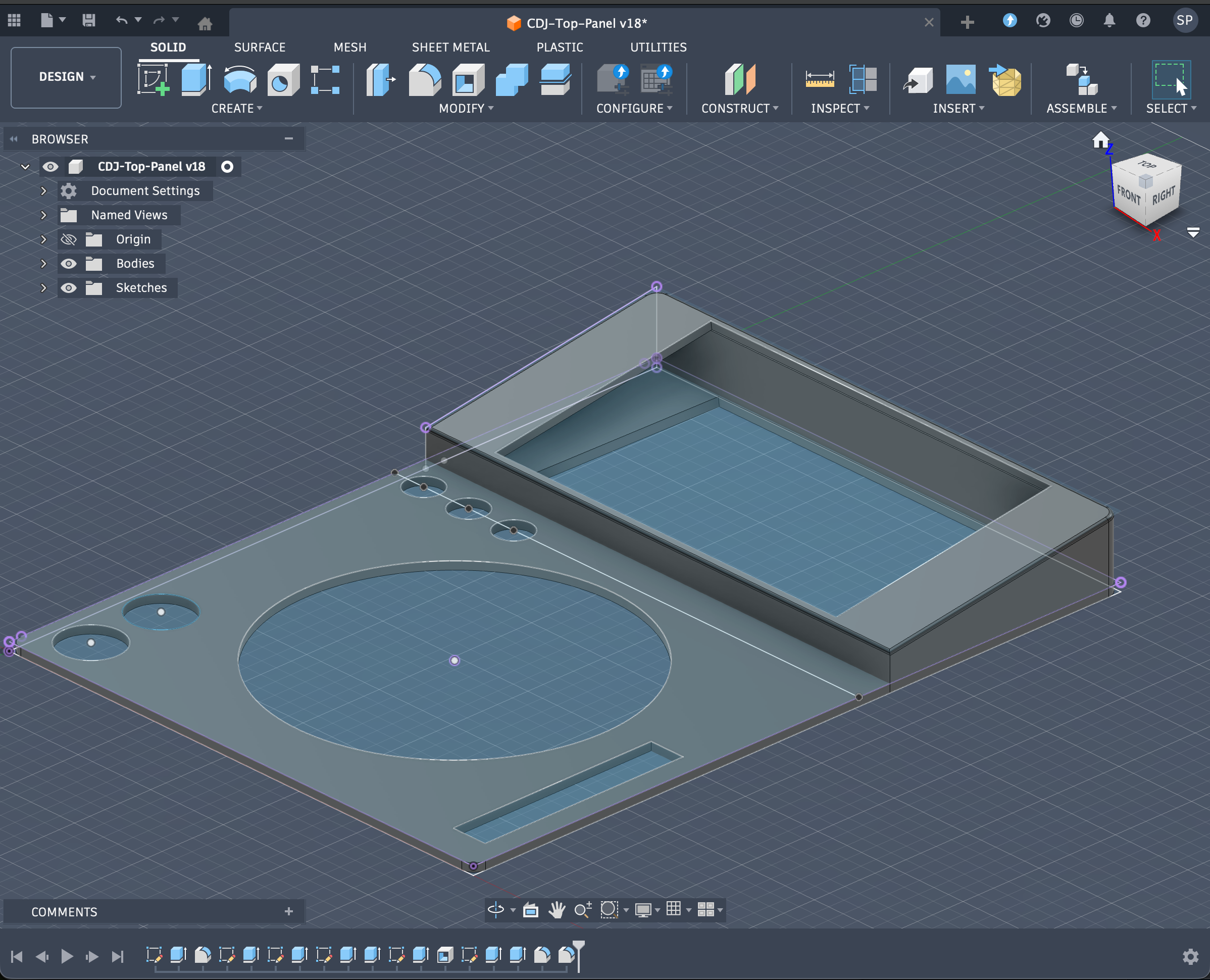 Top case 3D render — chassis with jog wheel and button cutouts